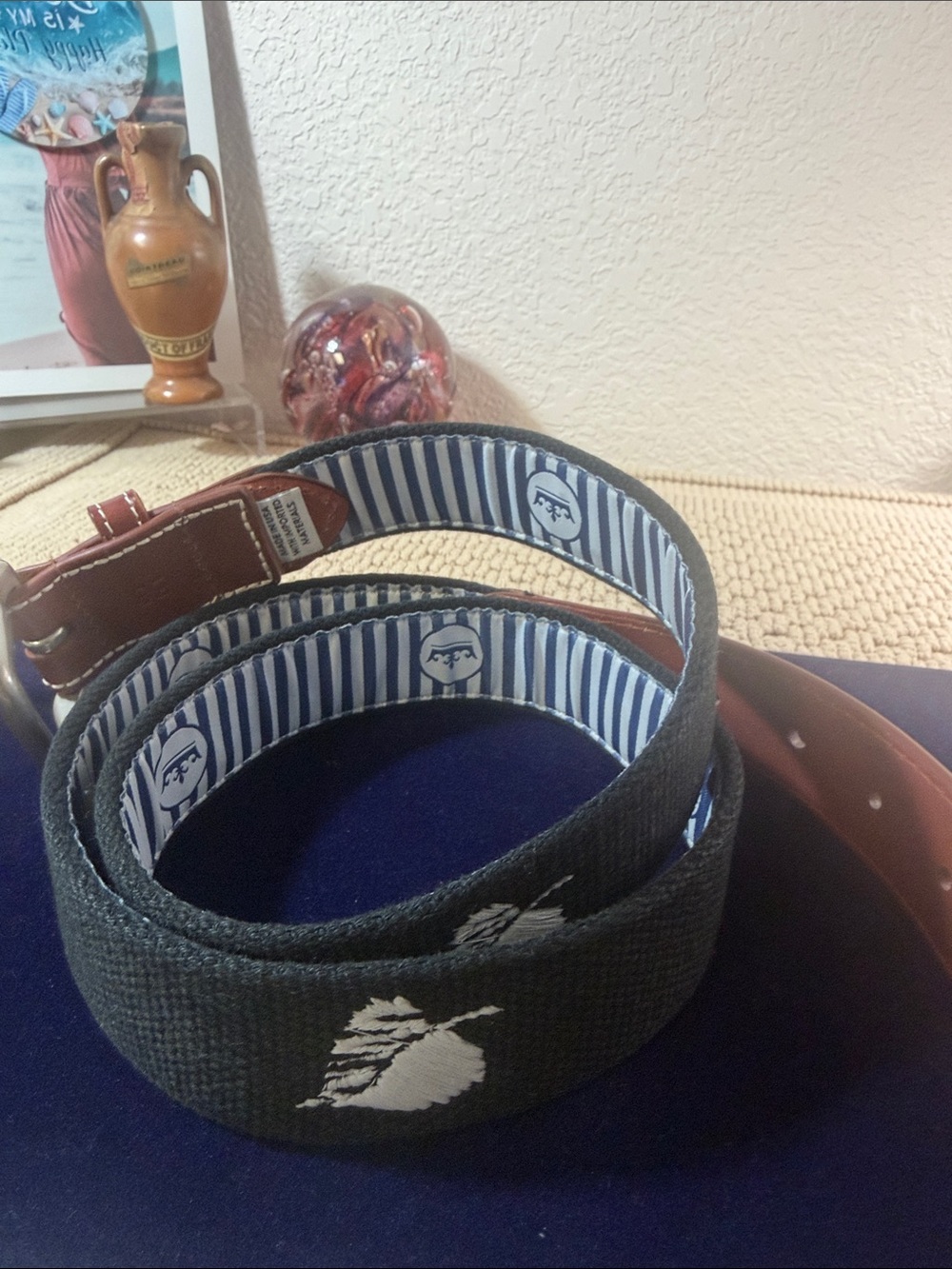 Peter Millar Men’s 38 Golf Belt Blue Embroidered Leather Solid Brass USA
